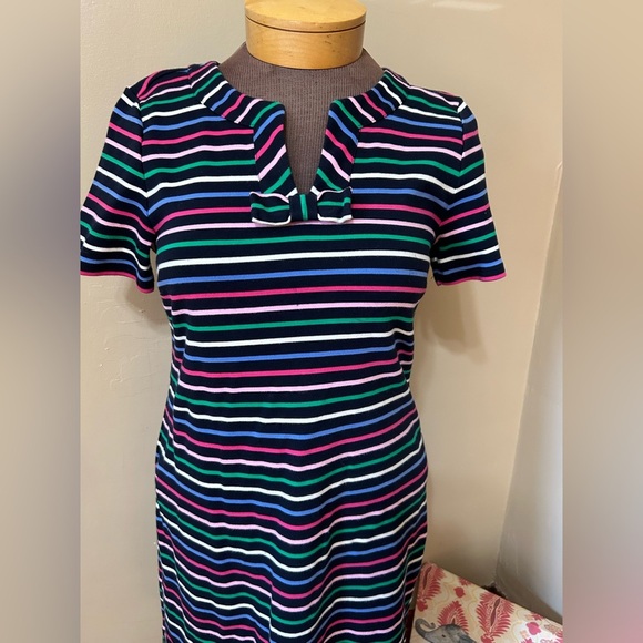 Talbots Bow Stripe Knit Dress V Neck Bow Colorful A Line Short Sleeve Size L - Picture 7 of 9